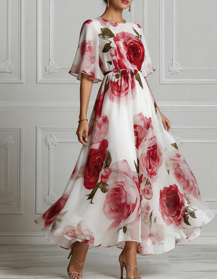 Abito lungo in chiffon con stampa di rose ad acquerello, scollo rotondo e maniche svolazzanti