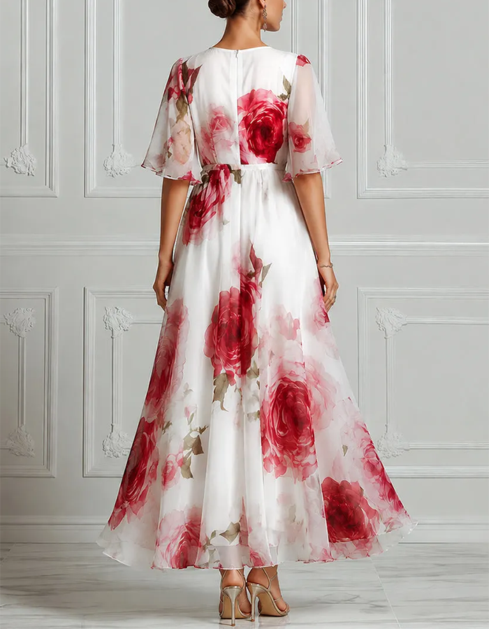 Maxikleid aus Chiffon mit Aquarell-Rosenmuster, Rundhalsausschnitt und flatternden Ärmeln