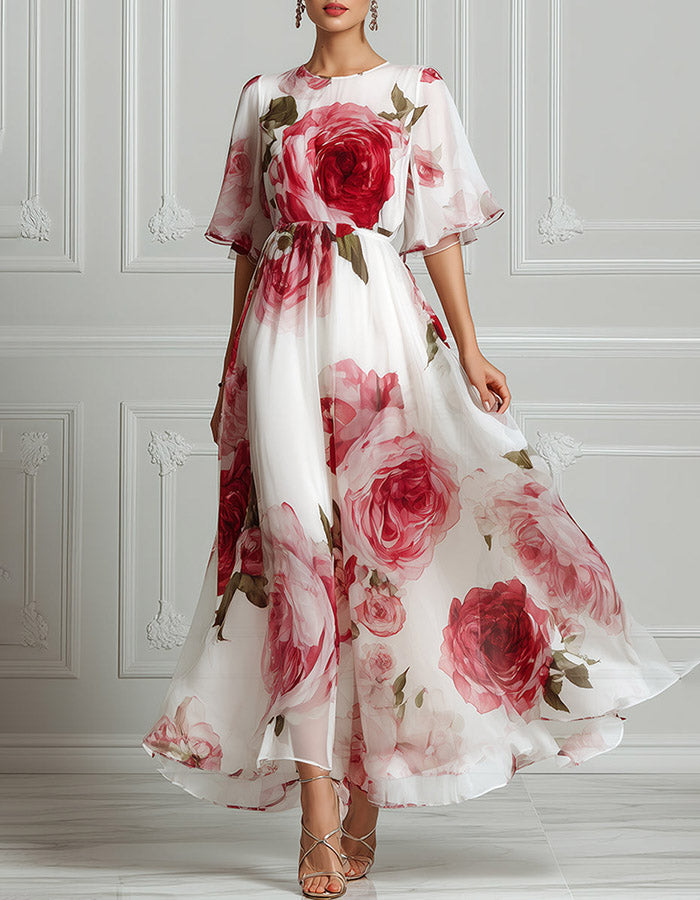 Vestido Maxi de Chiffon com Estampa de Rosa em Aquarela, Decote Redondo e Mangas Fluídas