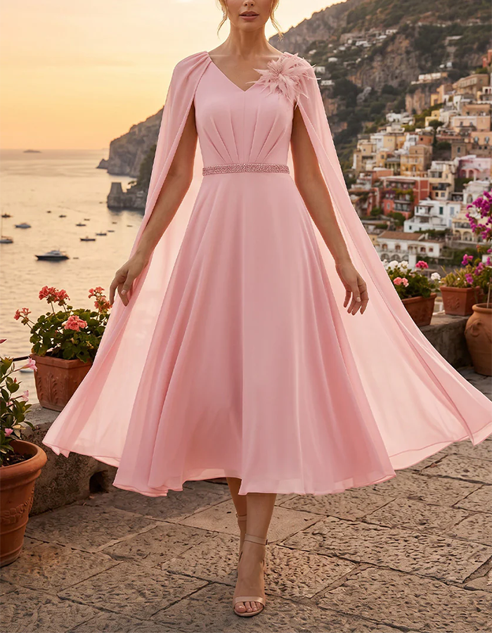 Vestido midi de chiffon rosa com decote em V e mangas capa