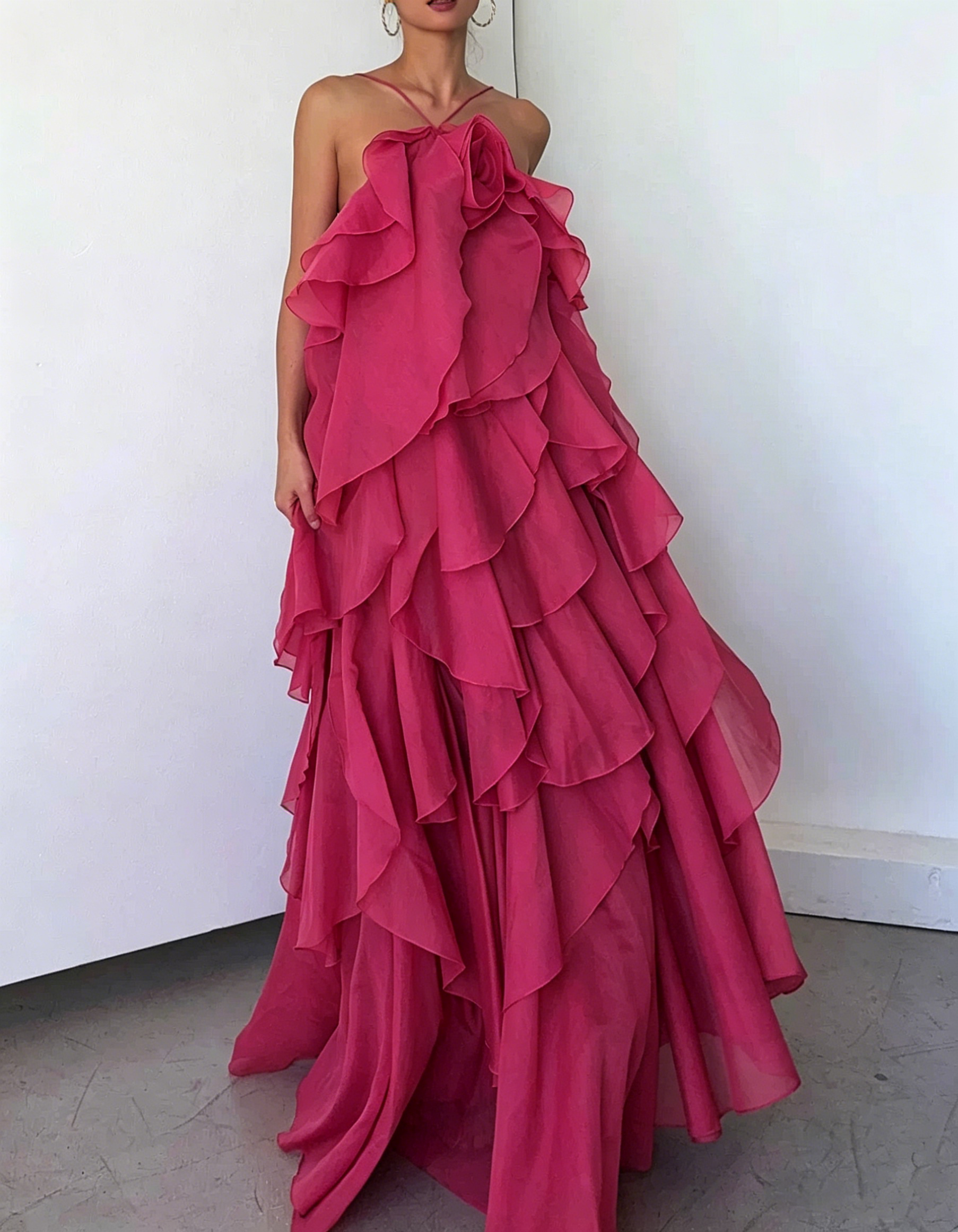 Halter 3D Floral Layered Ruffle Chiffon Maxi Dress