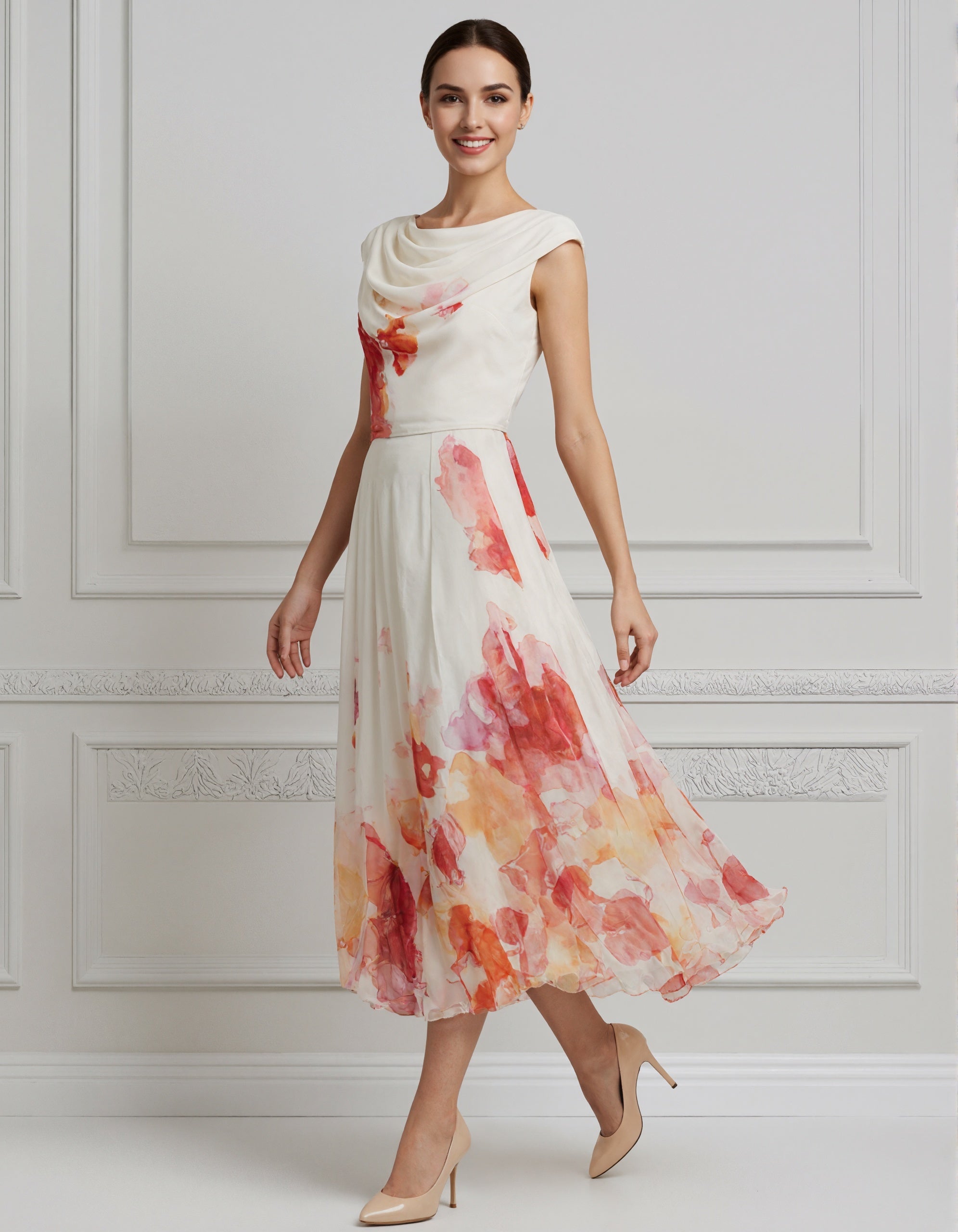 Vestido midi de gasa color crema con cuello halter y estampado floral en acuarela
