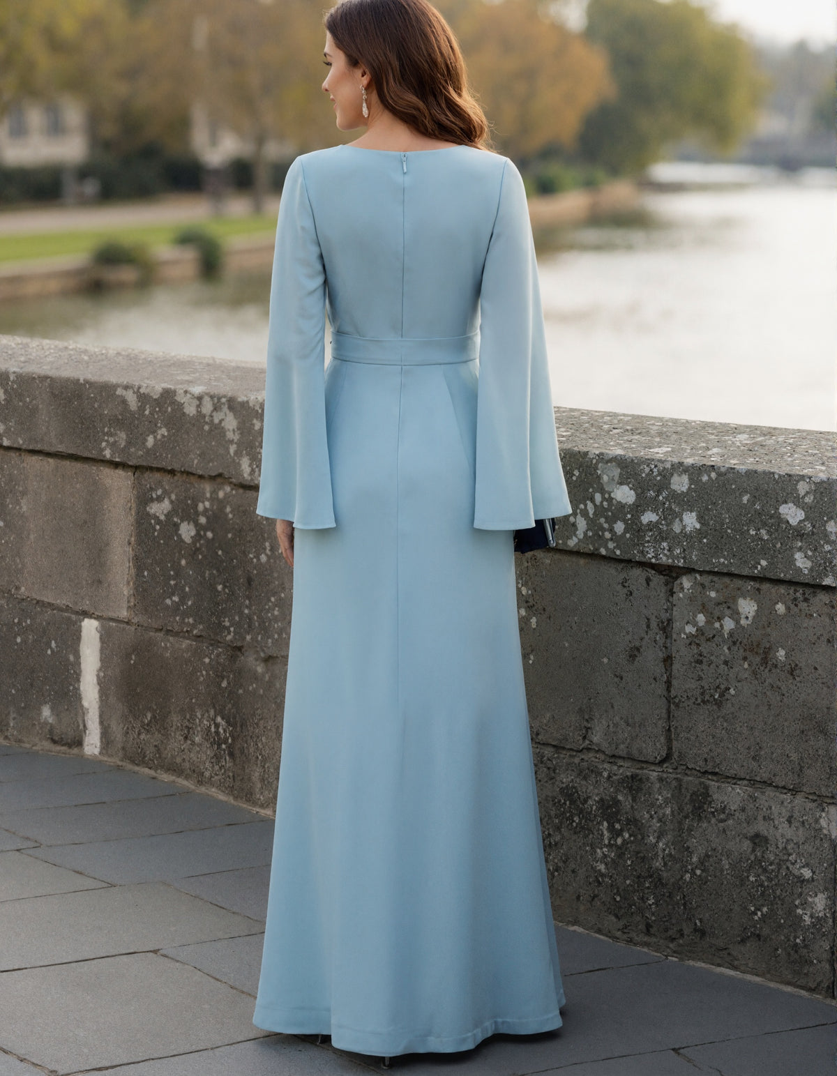 Blauw V-hals Sjaalmouwen Maxi Jurk