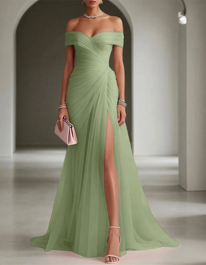 Solid Color Off Shoulder Mesh Ruching And Slit  Maxi Dress