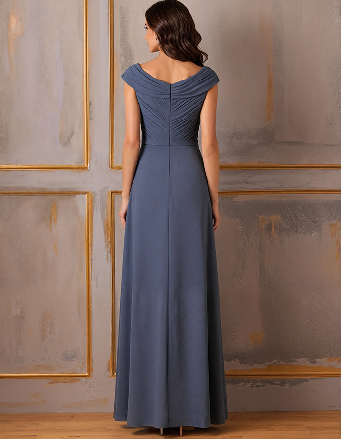 Maxi-jurk van grijsblauw chiffon met drapering  
