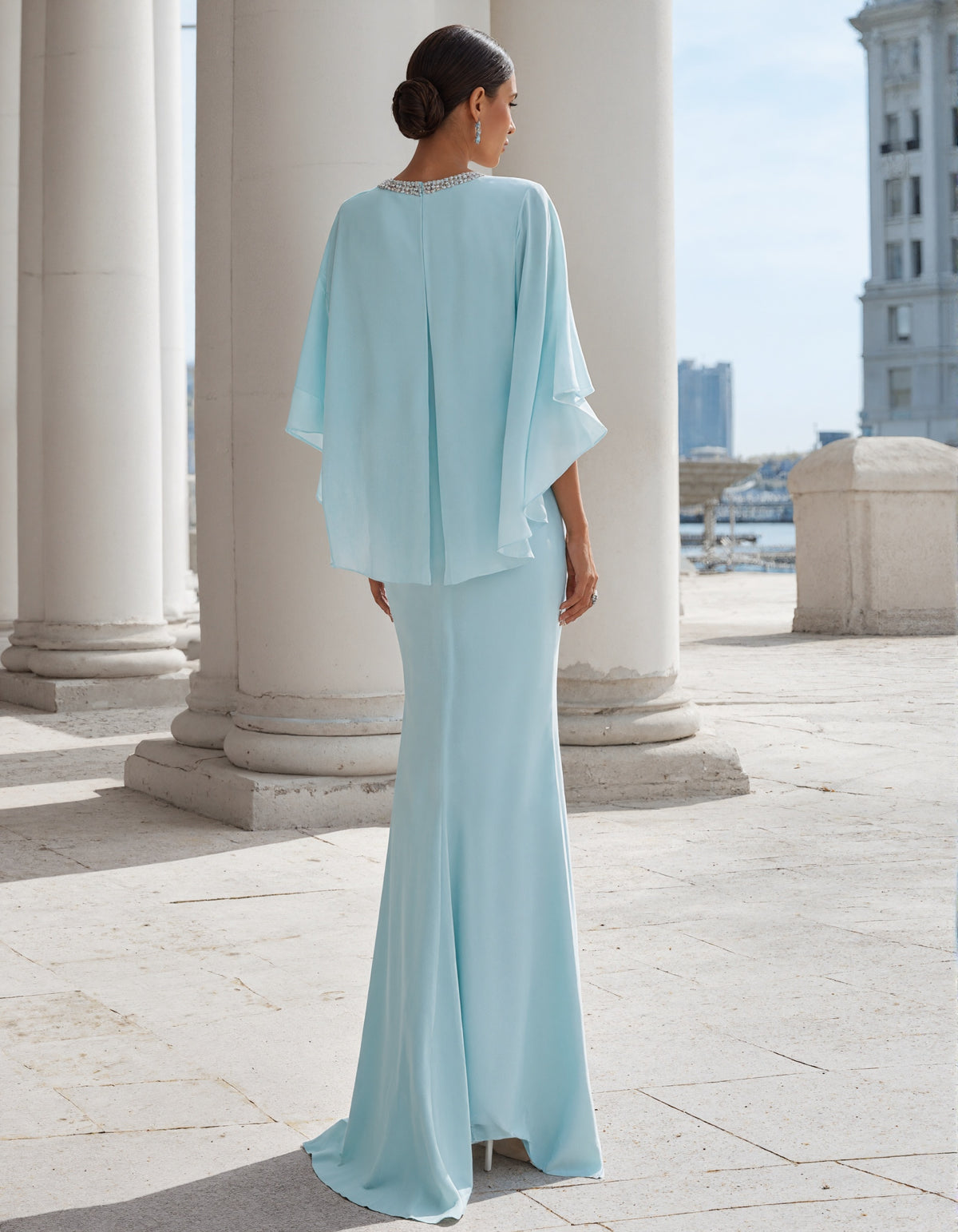 Sky Blue Chiffon Round Neck Sequins Maxi Dress