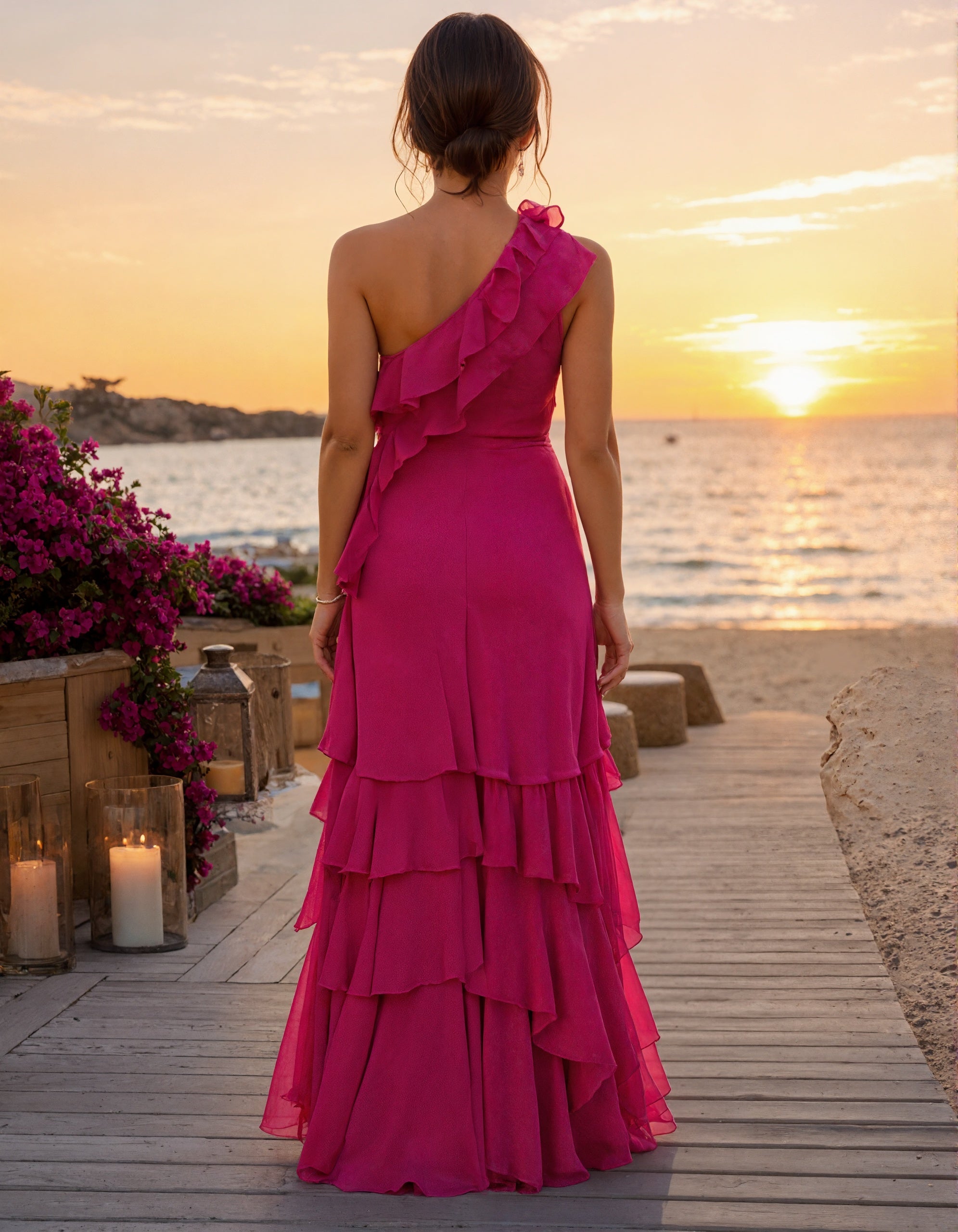 Vestido Maxi de Chiffon Rosa Chá com Um Ombro Só e Babados