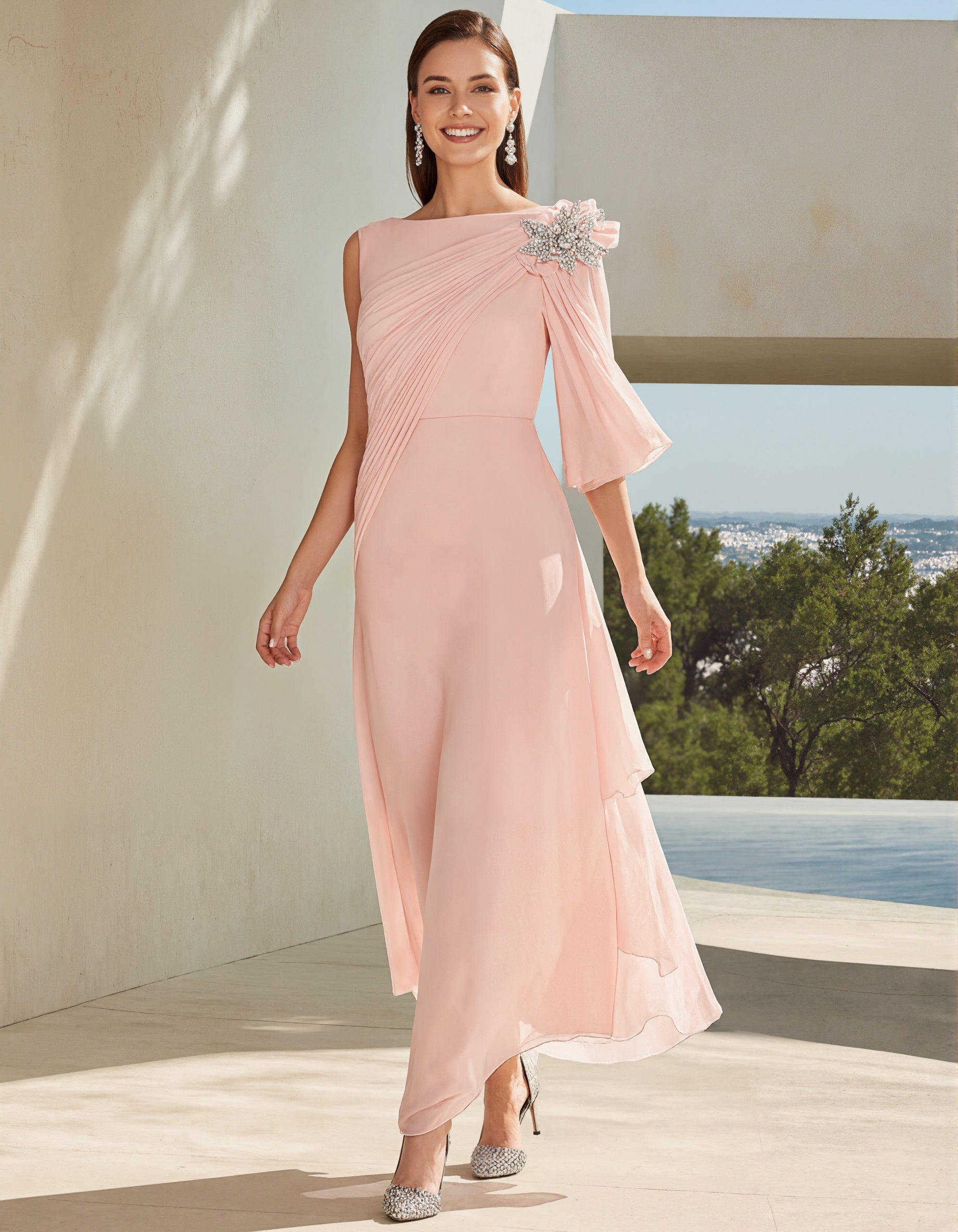 Roze Chiffon Boot Hals Geplooid Eén Schouder Maxi Jurk