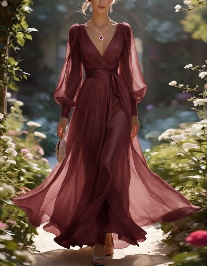 Vestido Maxi de Chiffon Borgonha com Decote Profundo em V, Mangas Lanternas Longas e Laço