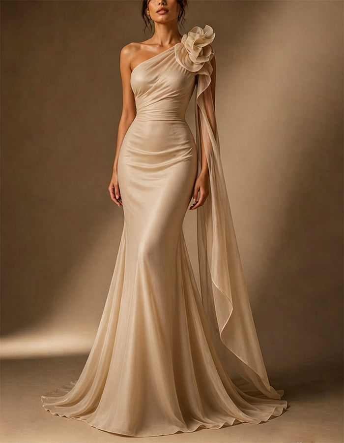 Vestido Maxi de Cetim e Chiffon Champanhe com Estampa Floral 3D