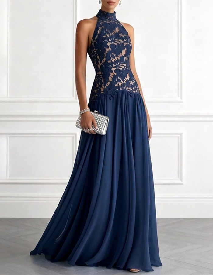 Vestido Maxi de Chiffon com Renda Floral e Alças ao Pescoço Azul Marinho