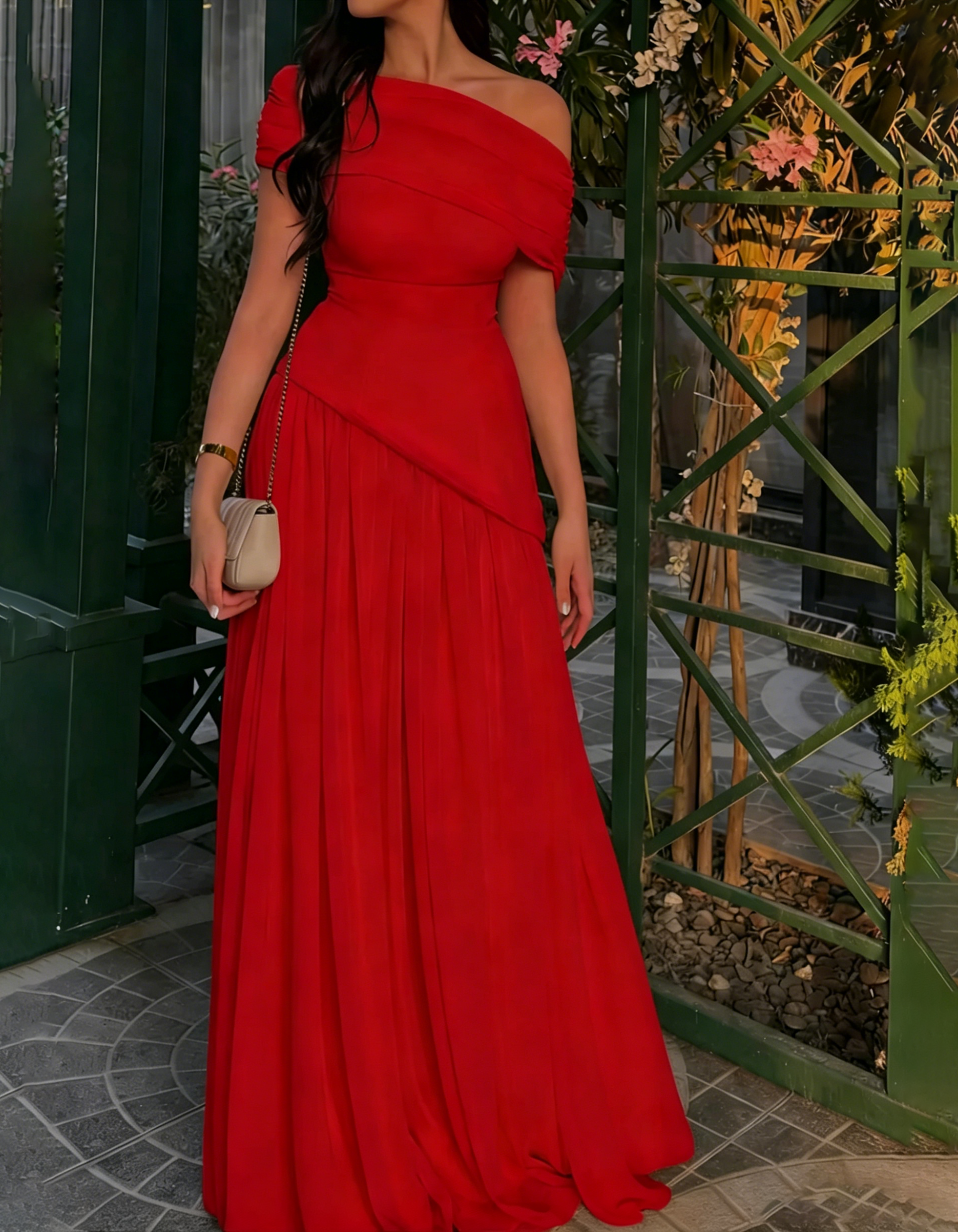 Draped Off-The-Shoulder Stretch Splice Pleated Chiffon Maxi Dress