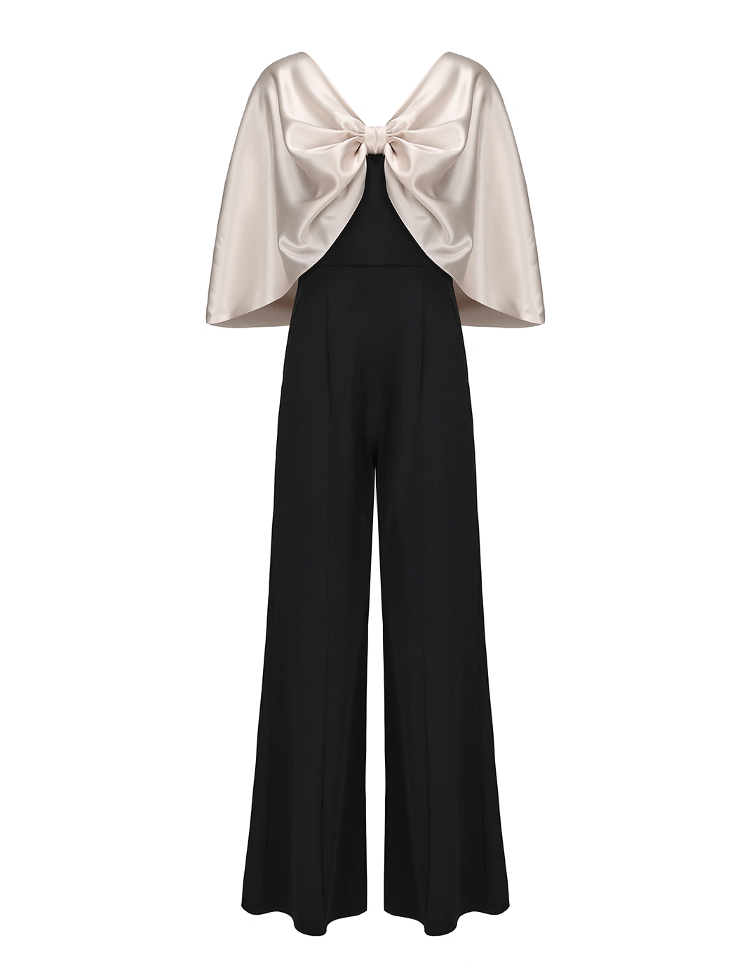 Tweekleurige zwart-witte satijnen strik cape stretch flare broek jumpsuit