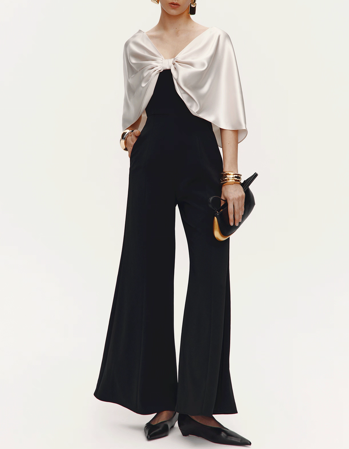 Two-Tone Black White Satin Bow Cape Stretch Flare Leg Jumpsuit