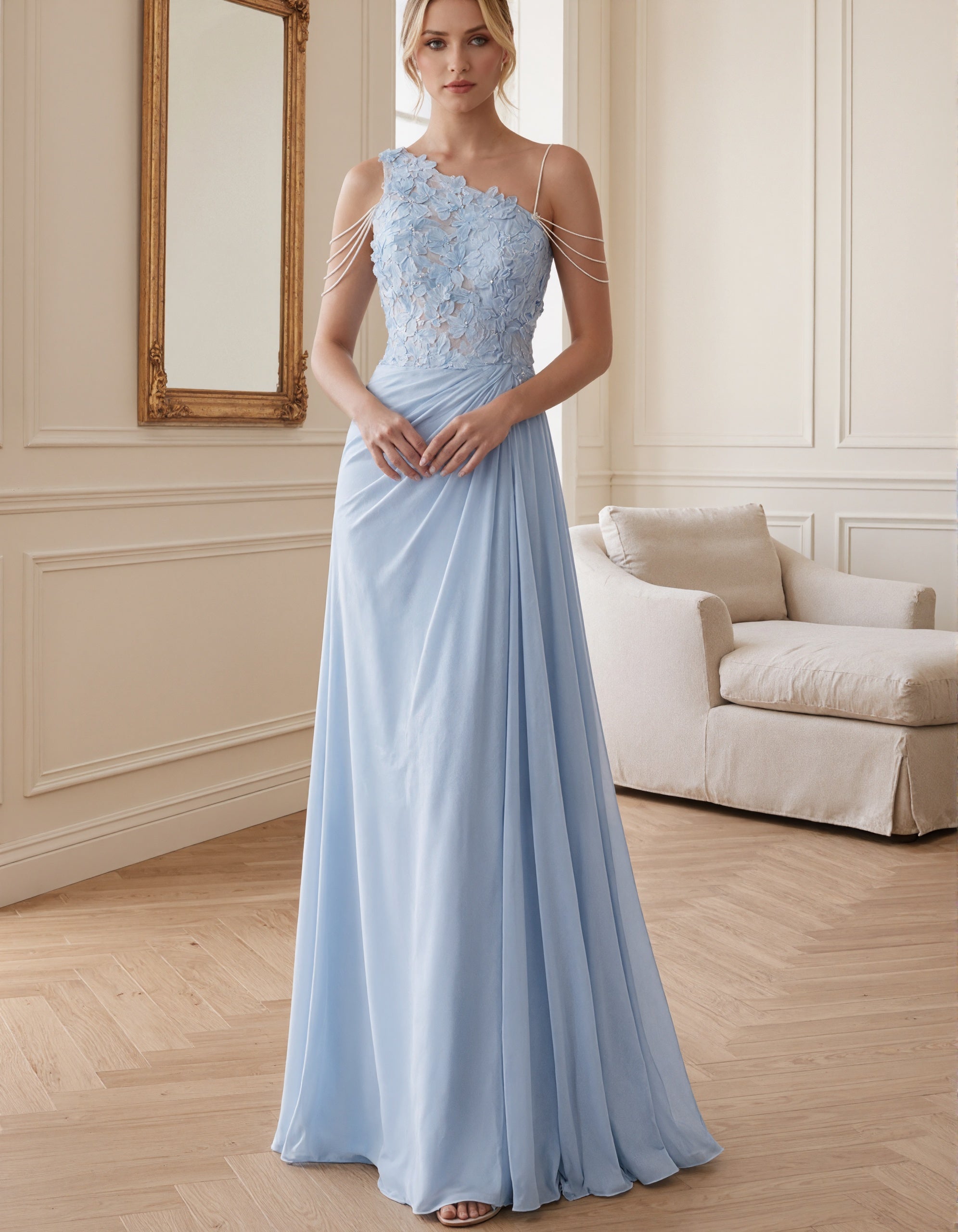 Abito lungo in chiffon azzurro chiaro con spalla unica e pizzo floreale 3D