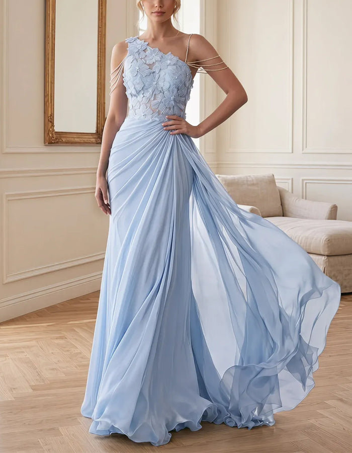 Hellblaues Chiffon-Maxikleid mit One-Shoulder-Träger und floraler 3D-Spitze
