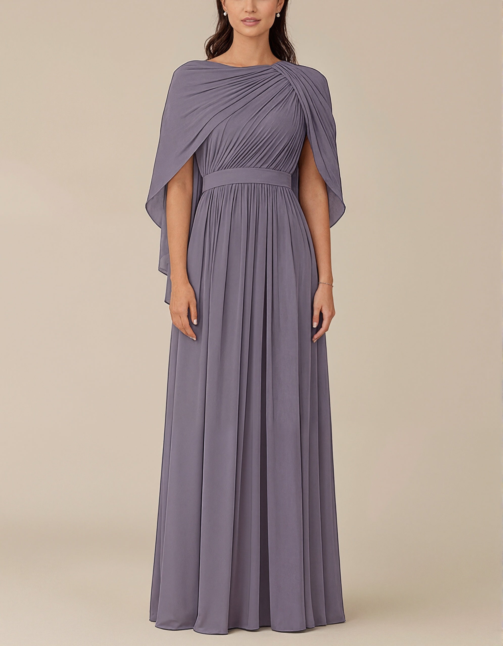 Purple Round Neck Chiffon Draped Shoulder Shawl Sleeves Maxi Dress