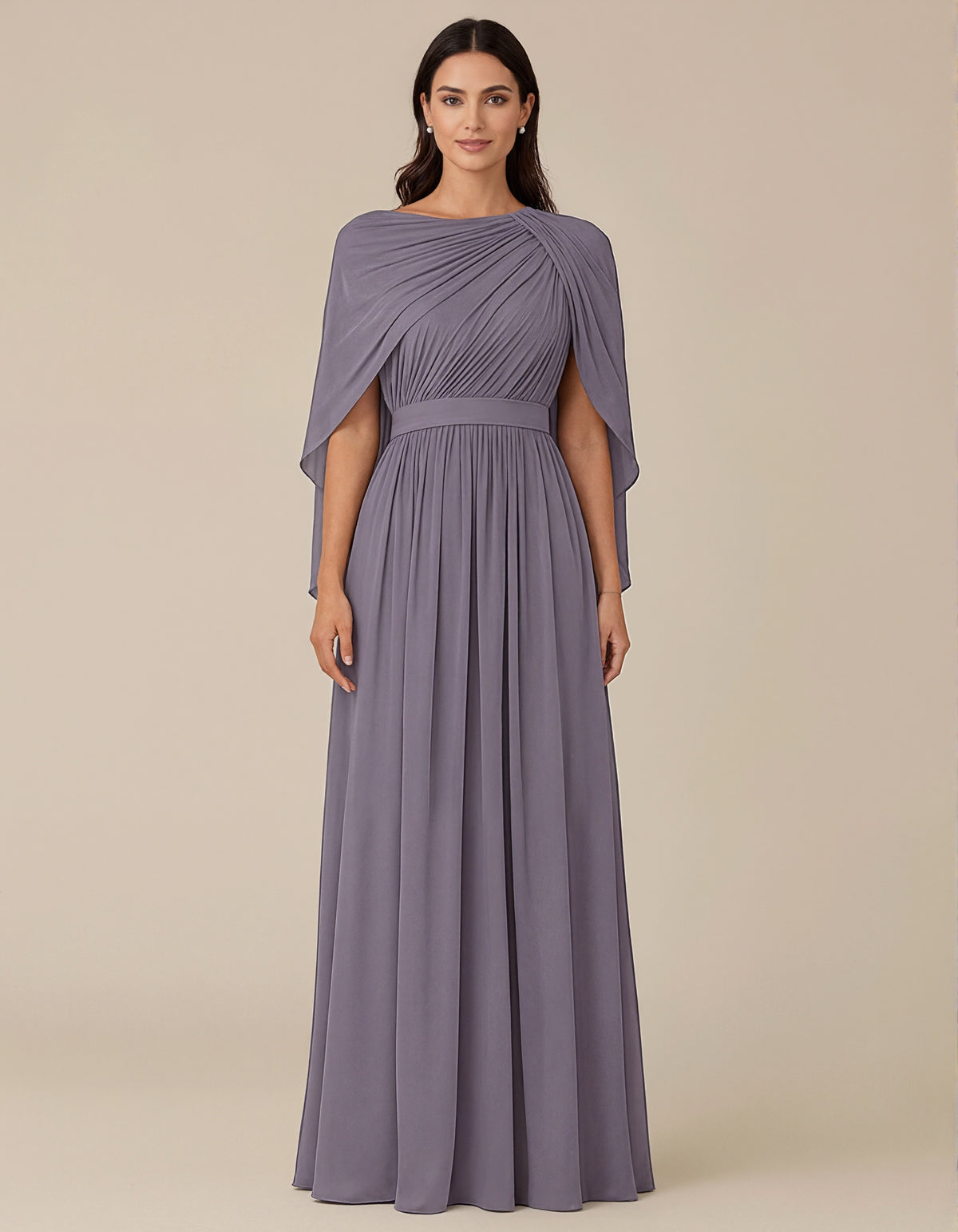Abito lungo viola in chiffon con scollo rotondo, spalla drappeggiata e maniche a scialle