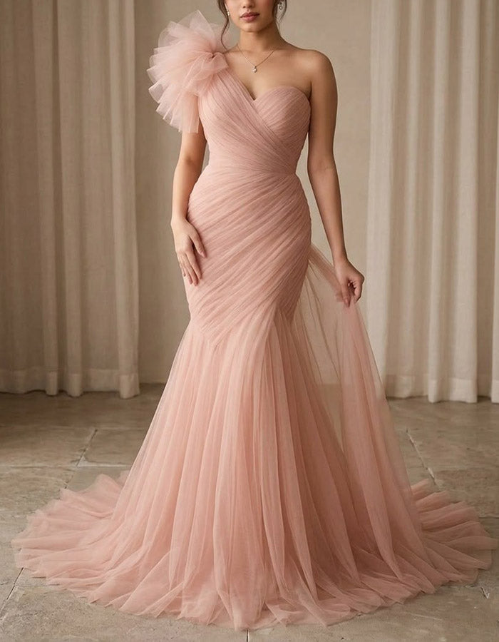 Pink One-Shoulder Tulle Mermaid Maxi Dress