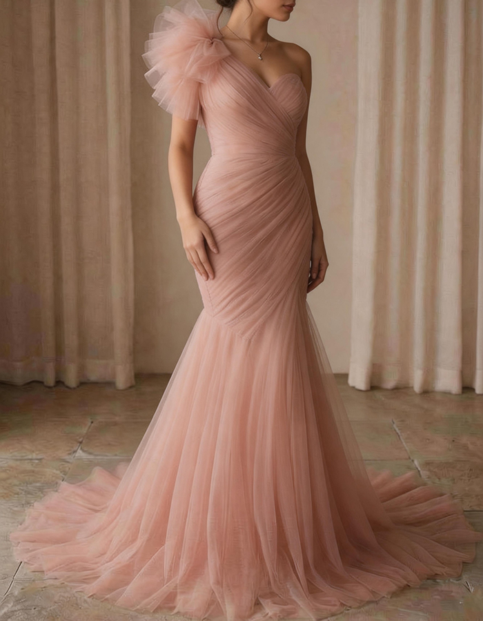 Rosa One-Shoulder Tüll Meerjungfrau Maxikleid
