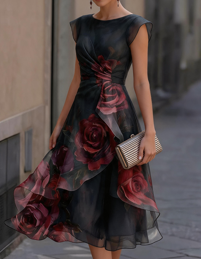 Schwarzes Chiffon-Midikleid mit rundem Ausschnitt und rotem Aquarell-Rosenmuster