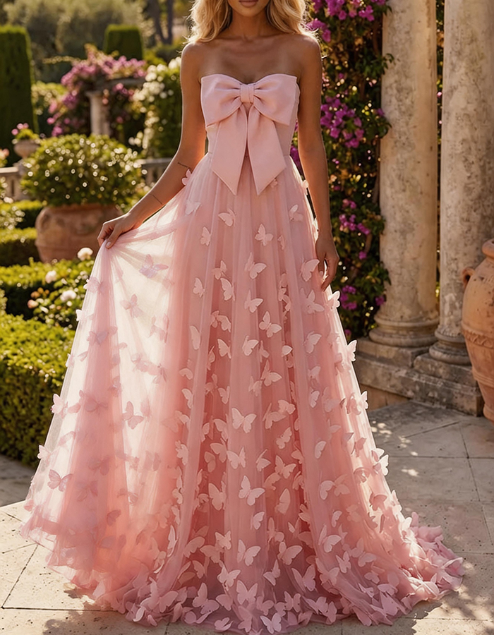 Pink Strapless Big Bow 3D Butterfly Tulle A-Line Maxi Dress