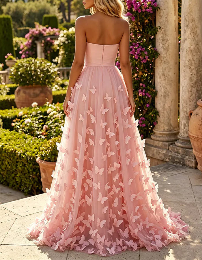 Rosa trägerloses Maxikleid mit großem Schleifen-3D-Schmetterling und Tüll im A-Linien-Stil