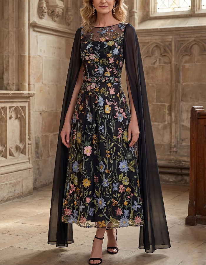 Black Floral Embroidery Illusion Cape Sleeve Midi Dress