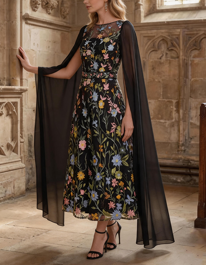 Abito midi con maniche a mantella effetto illusione e ricamo floreale nero