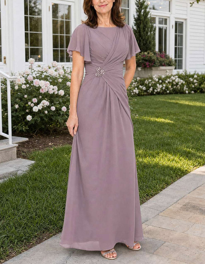 Vestido Maxi de Chiffon com Gola Redonda, Mangas Curtas, Drapeado Cruzado e Cor Malva Esfumaçada