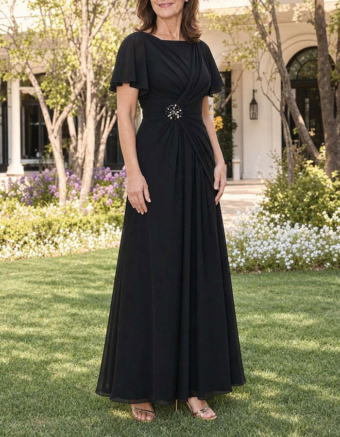 Vestido Maxi de Chiffon com Gola Redonda, Mangas Curtas, Drapeado Cruzado e Cor Malva Esfumaçada