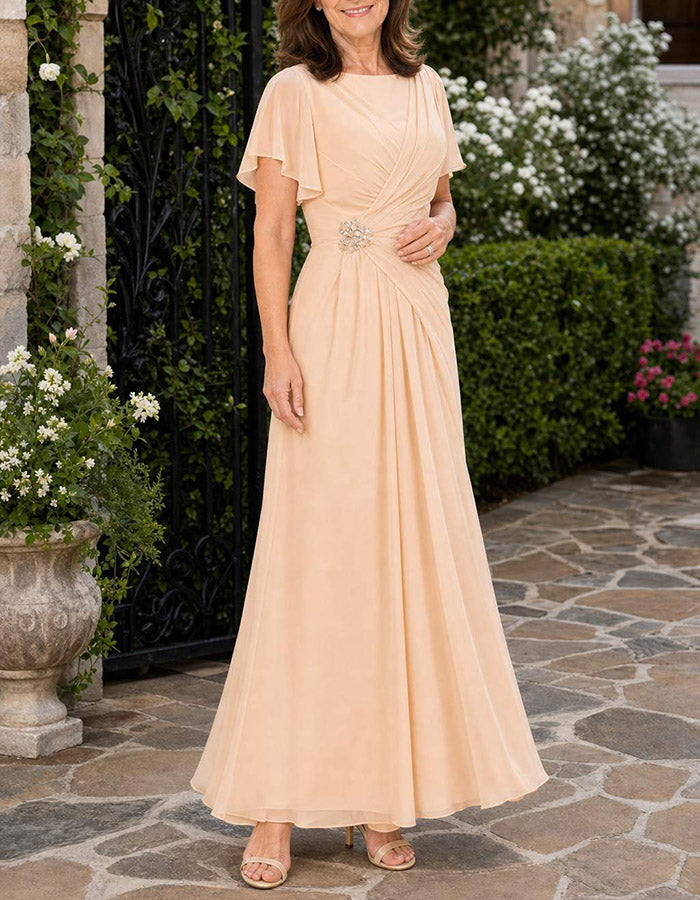 Vestido Maxi de Chiffon com Gola Redonda, Mangas Curtas, Drapeado Cruzado e Cor Malva Esfumaçada