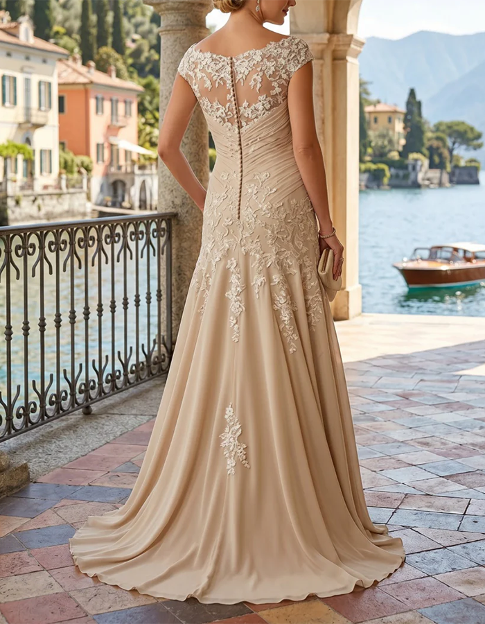 Abito lungo a sirena in chiffon arricciato, con applicazioni in pizzo e spalle scoperte