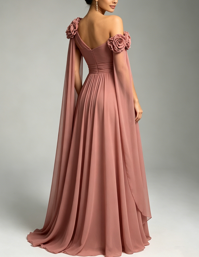 Abito lungo in chiffon rosa rosa con una spalla sola