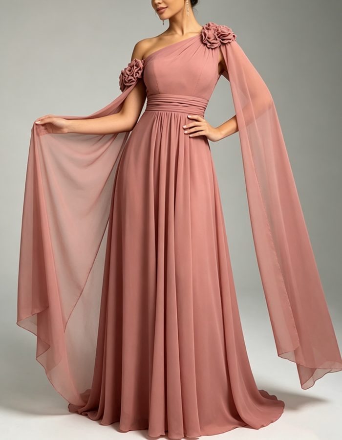 Abito lungo in chiffon rosa rosa con una spalla sola