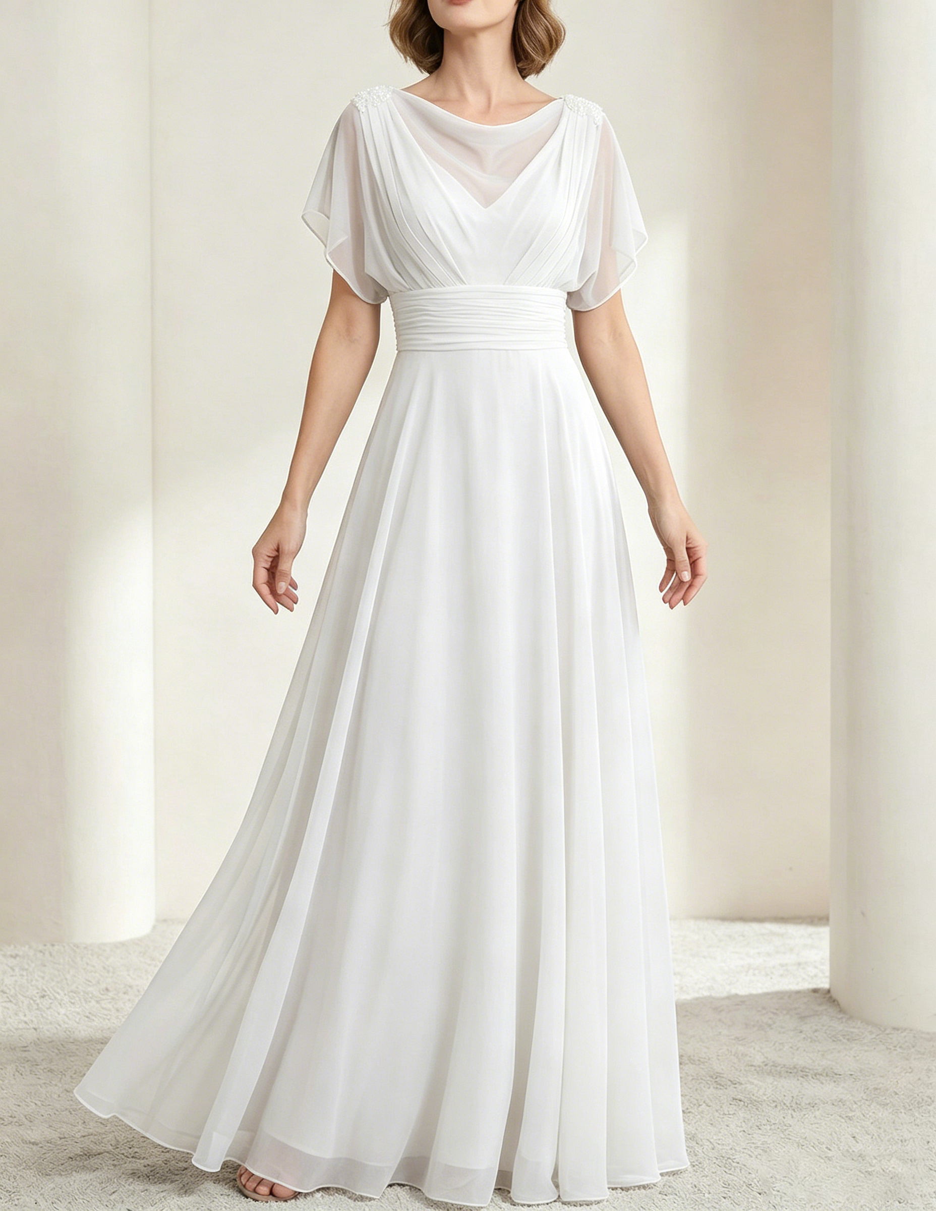 Vestido maxi de chiffon verde oscuro con escote drapeado y cintura ajustada