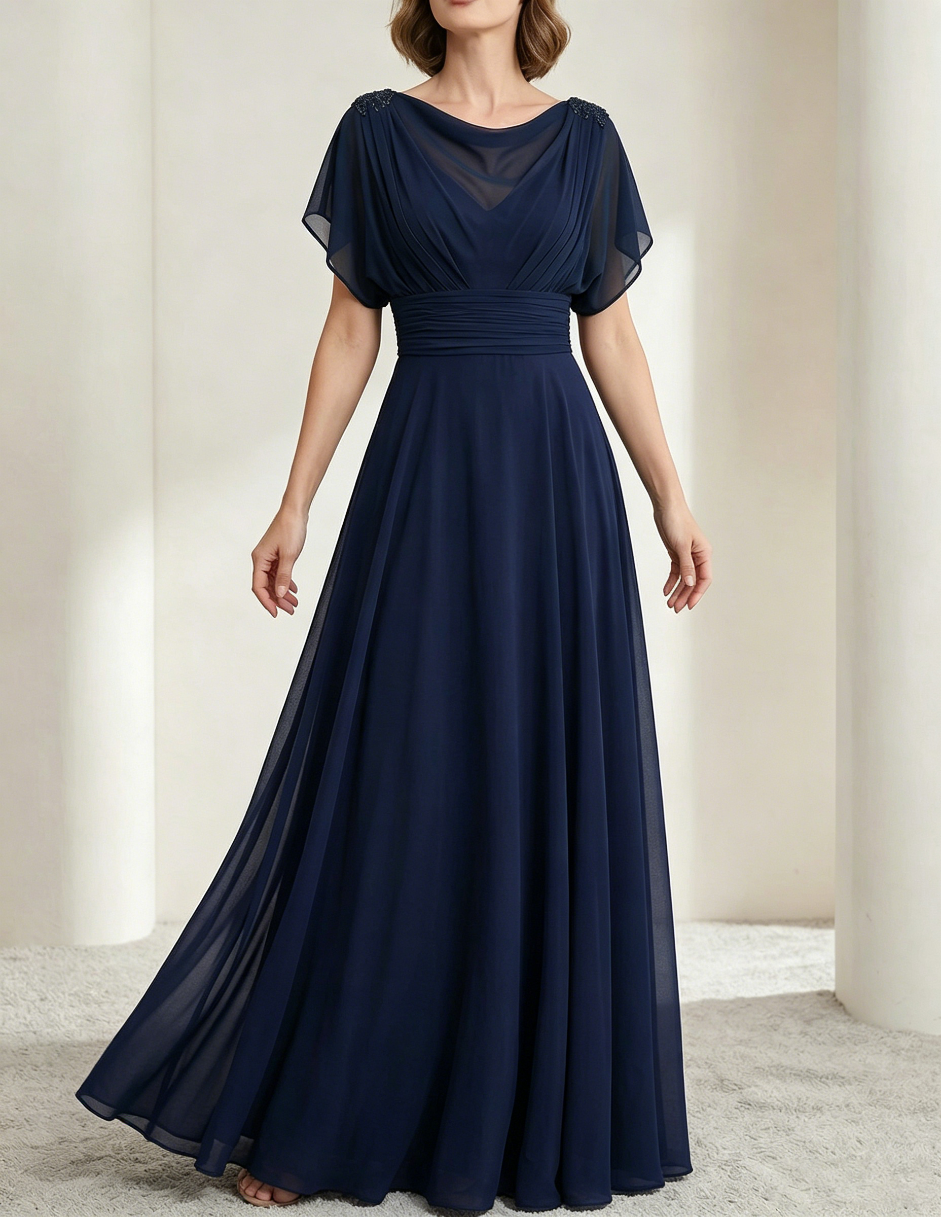 Vestido maxi de chiffon verde oscuro con escote drapeado y cintura ajustada
