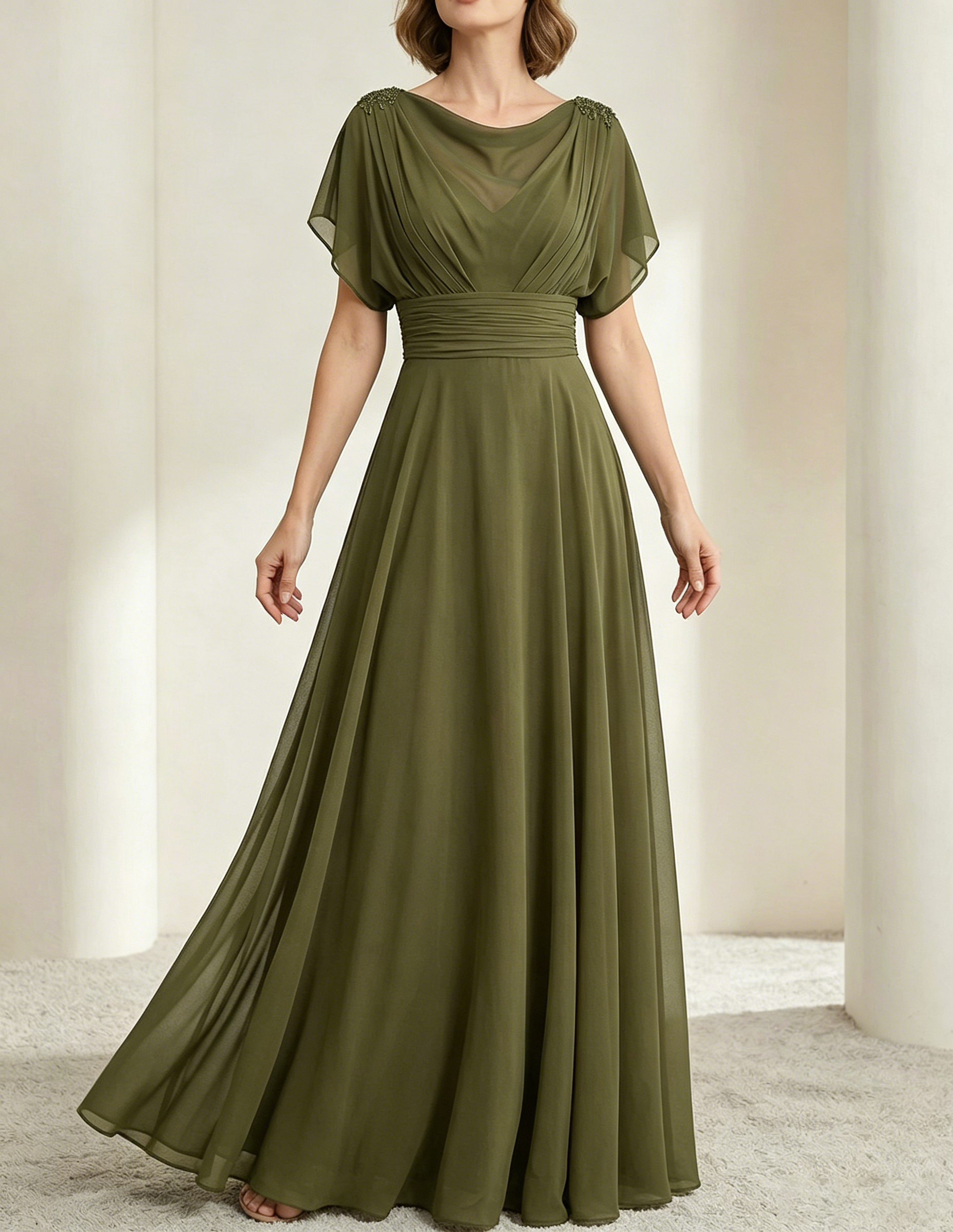 Vestido maxi de chiffon verde oscuro con escote drapeado y cintura ajustada