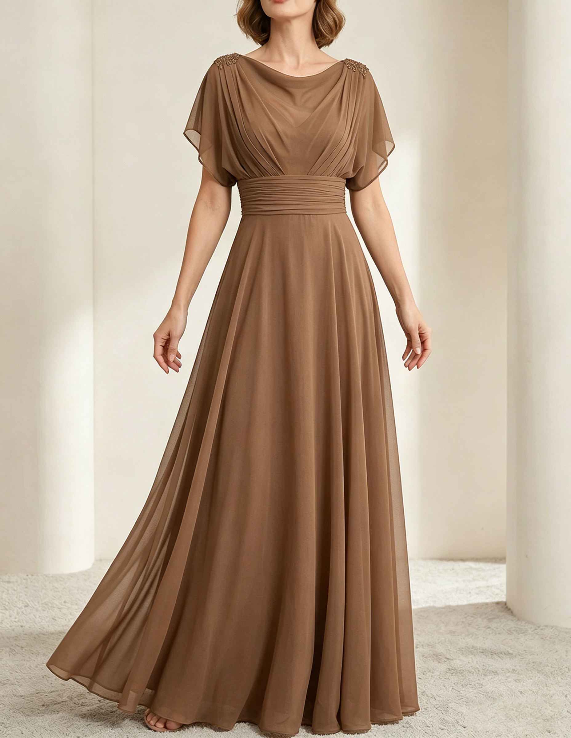 Vestido maxi de chiffon verde oscuro con escote drapeado y cintura ajustada