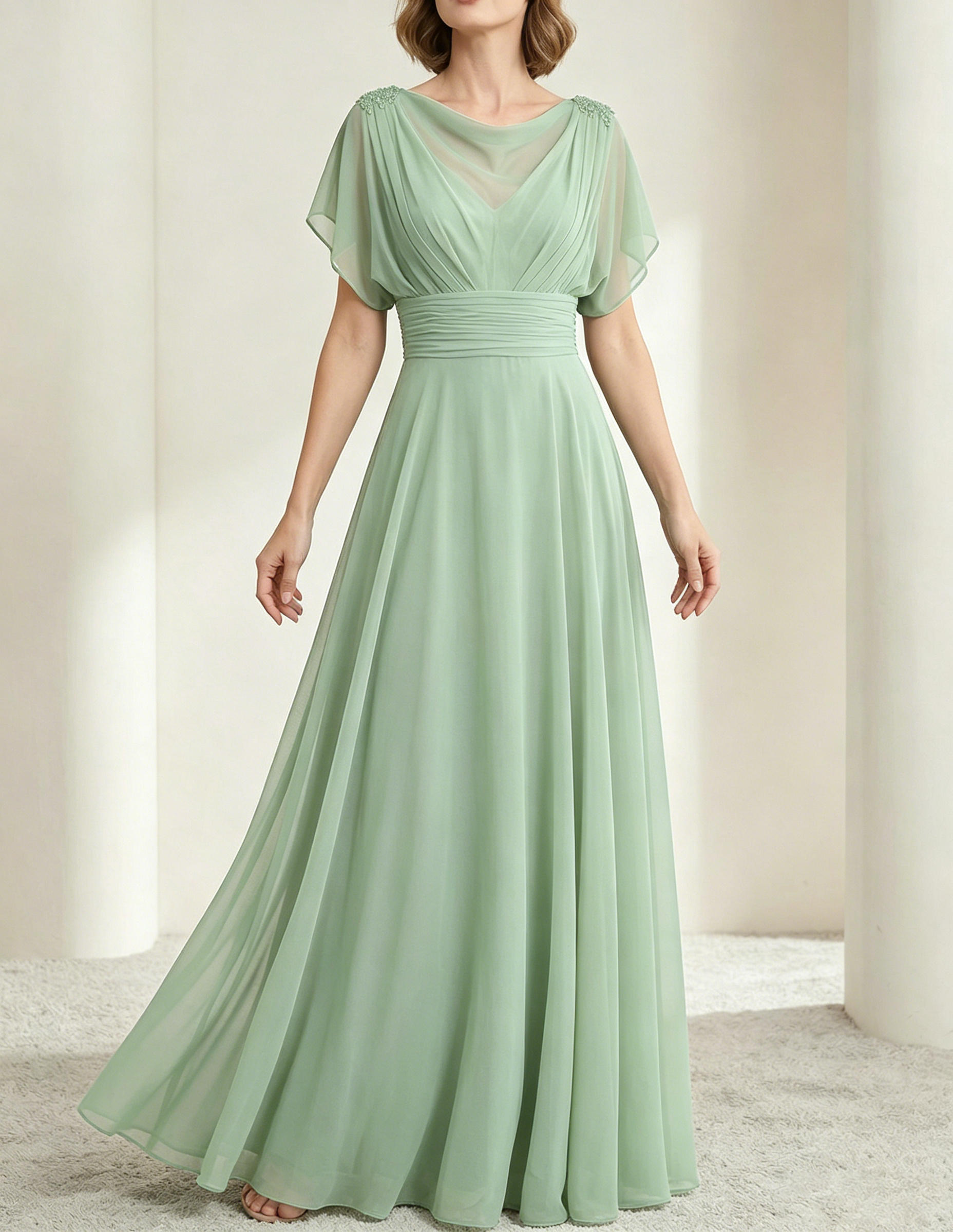 Vestido maxi de chiffon verde oscuro con escote drapeado y cintura ajustada