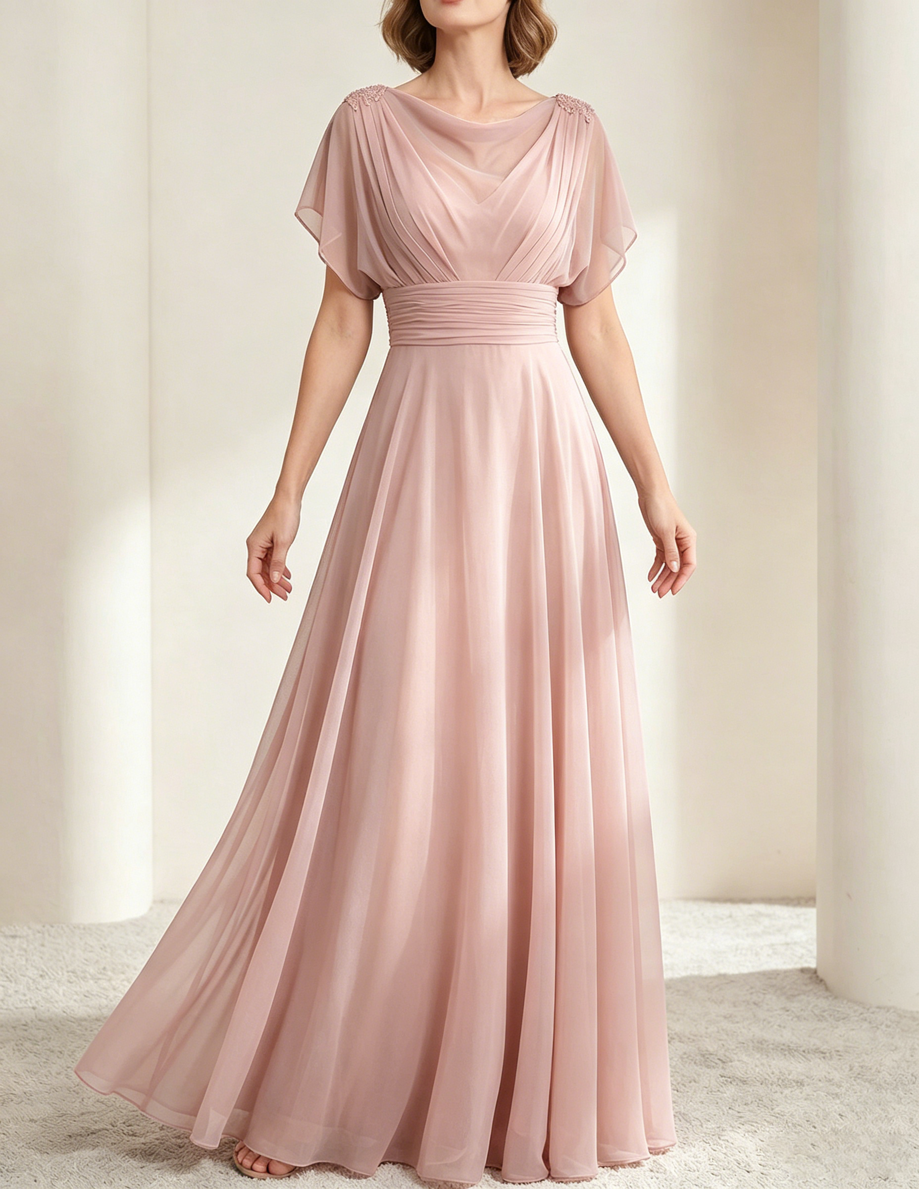 Vestido maxi de chiffon verde oscuro con escote drapeado y cintura ajustada