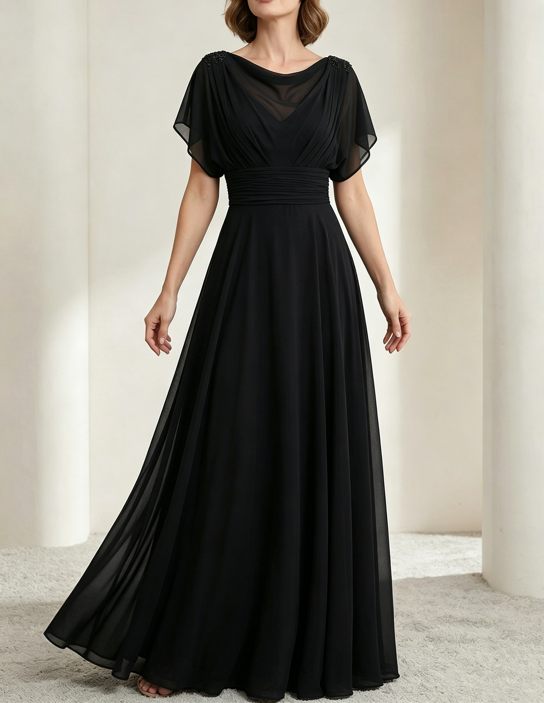 Vestido maxi de chiffon verde oscuro con escote drapeado y cintura ajustada
