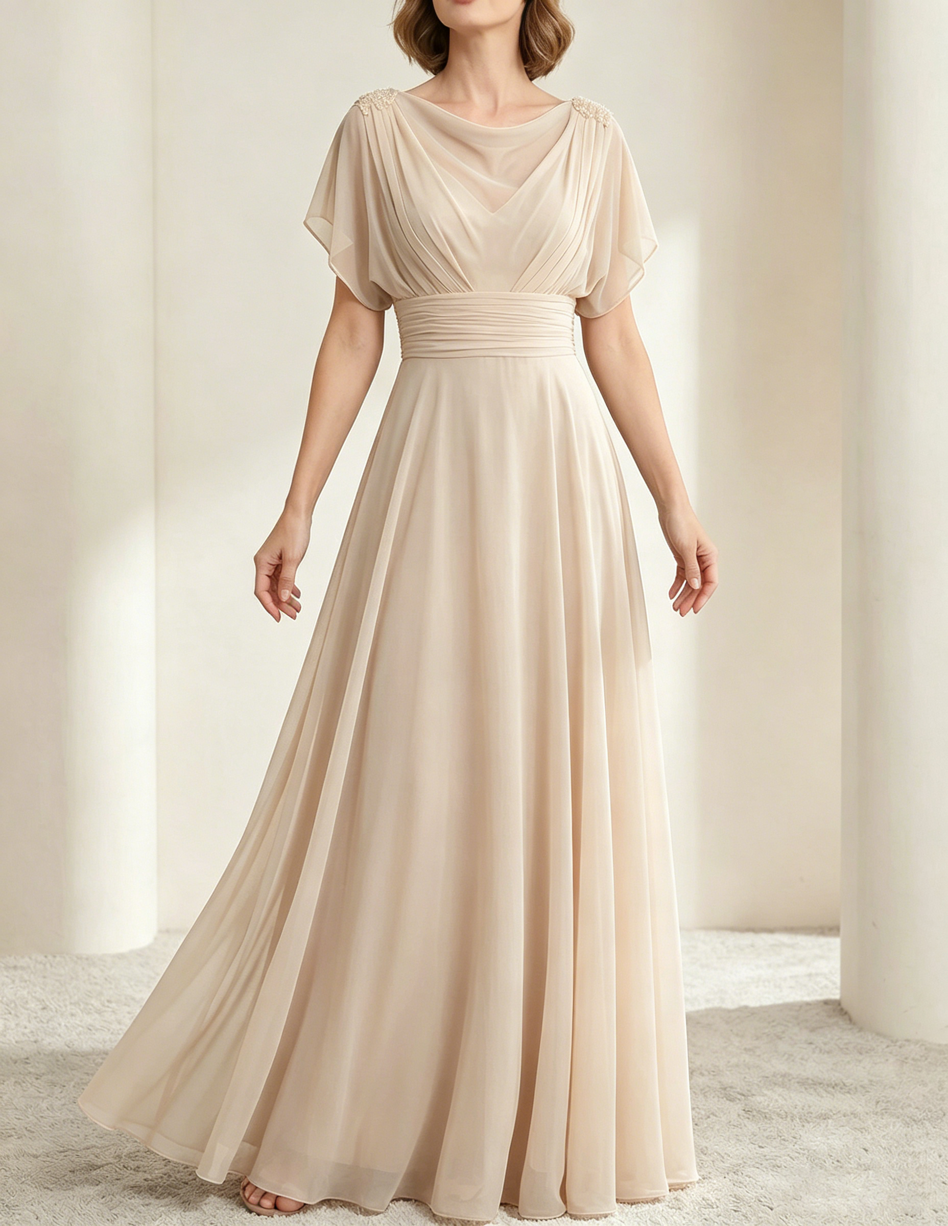 Vestido maxi de chiffon verde oscuro con escote drapeado y cintura ajustada
