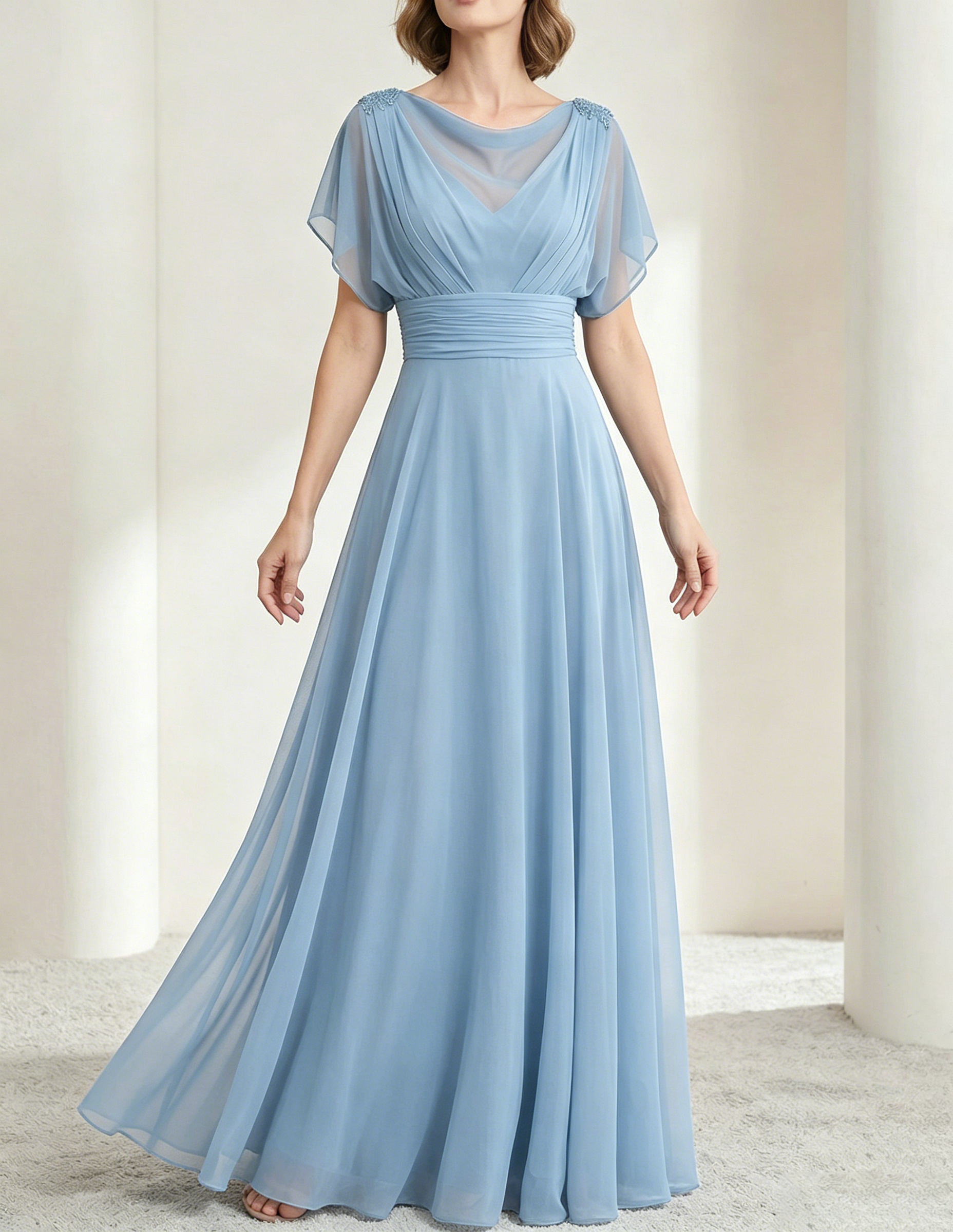 Vestido maxi de chiffon verde oscuro con escote drapeado y cintura ajustada