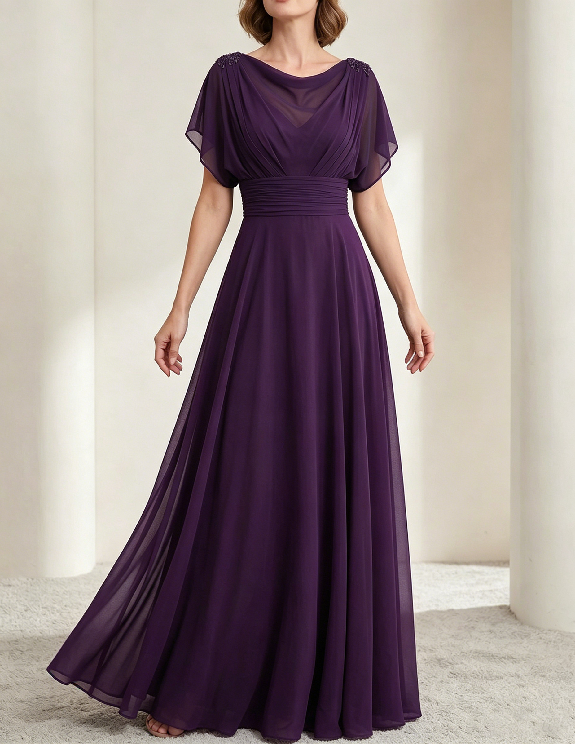 Vestido maxi de chiffon verde oscuro con escote drapeado y cintura ajustada