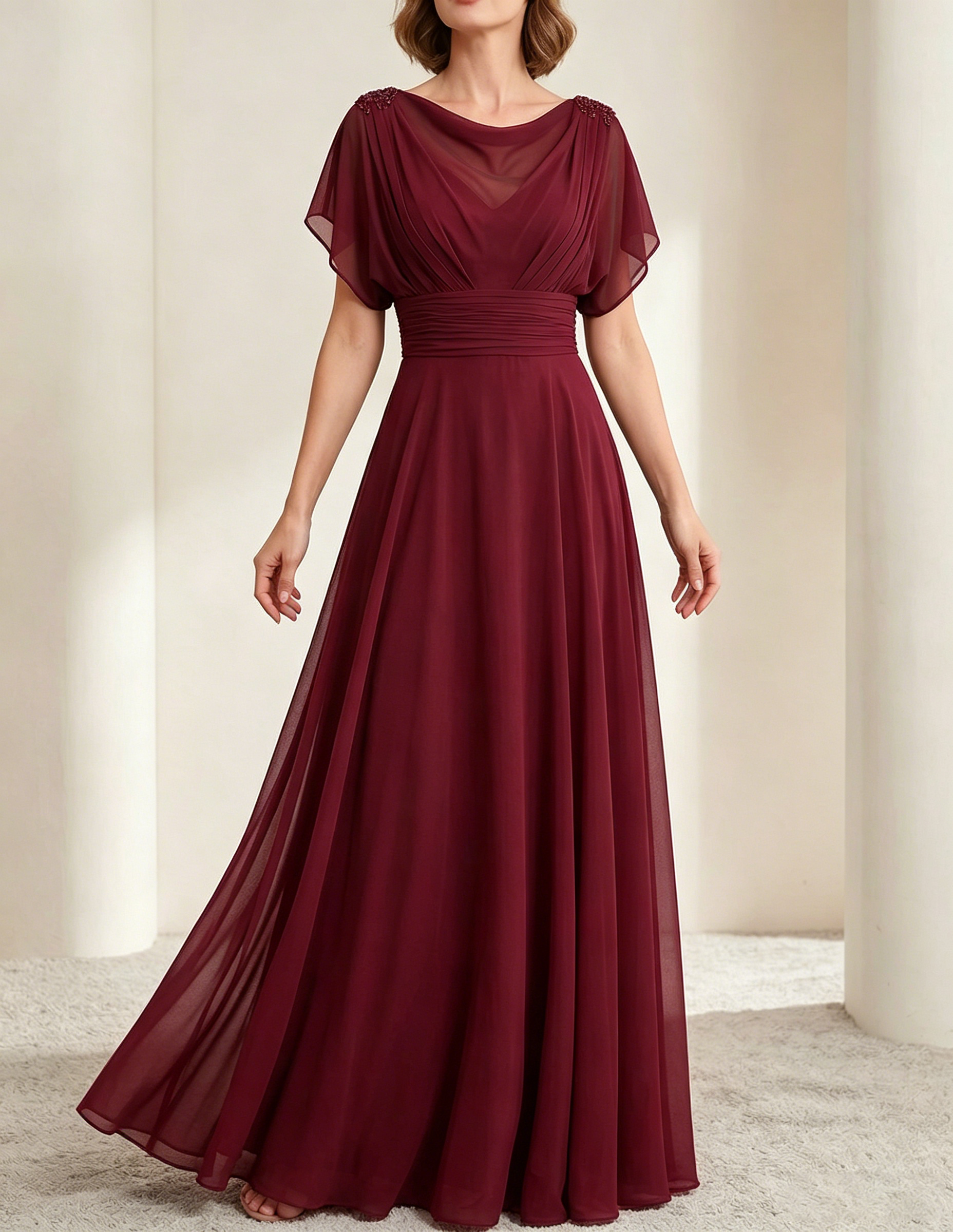 Vestido maxi de chiffon verde oscuro con escote drapeado y cintura ajustada