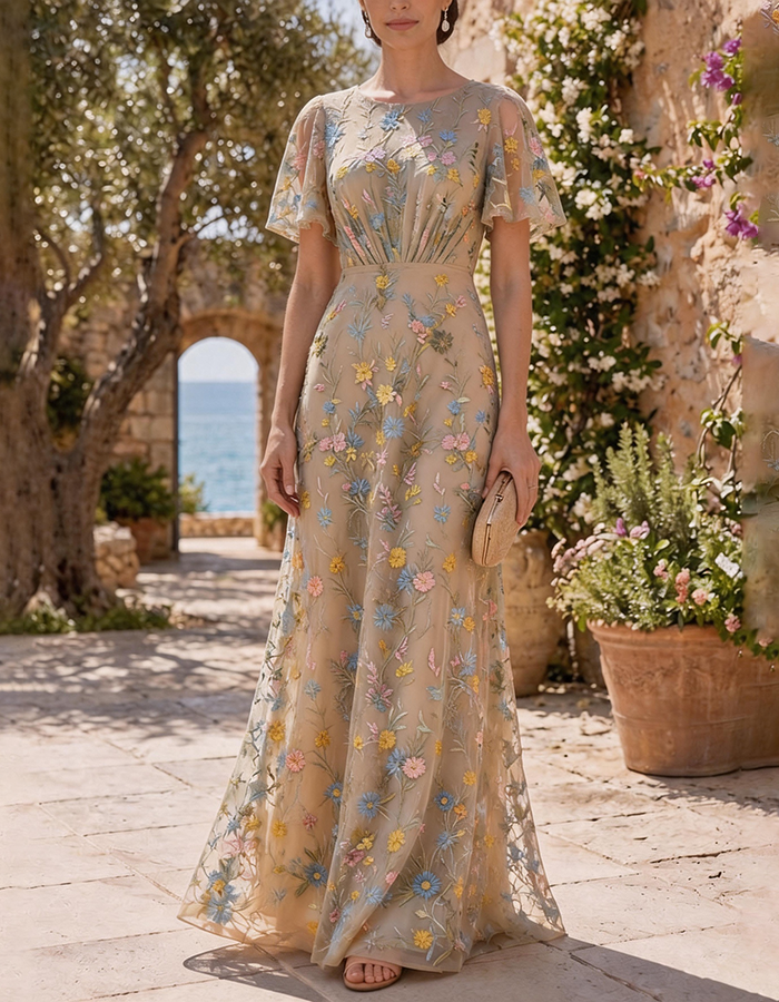 Vestido maxi de tul con bordado floral, manga volante y cuello redondo en verde salvia