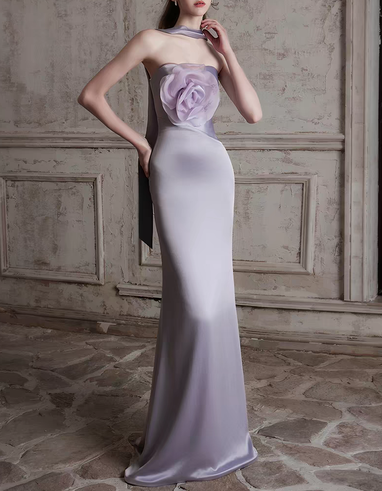 Light Purple Strapless 3D Floral Sash Satin Mermaid Maxi Dress