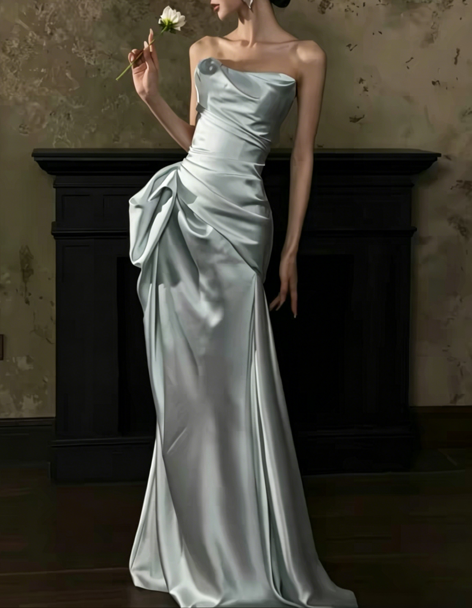 Light Blue Strapless Draped Ruched Satin High Slit Mermaid Maxi Dress