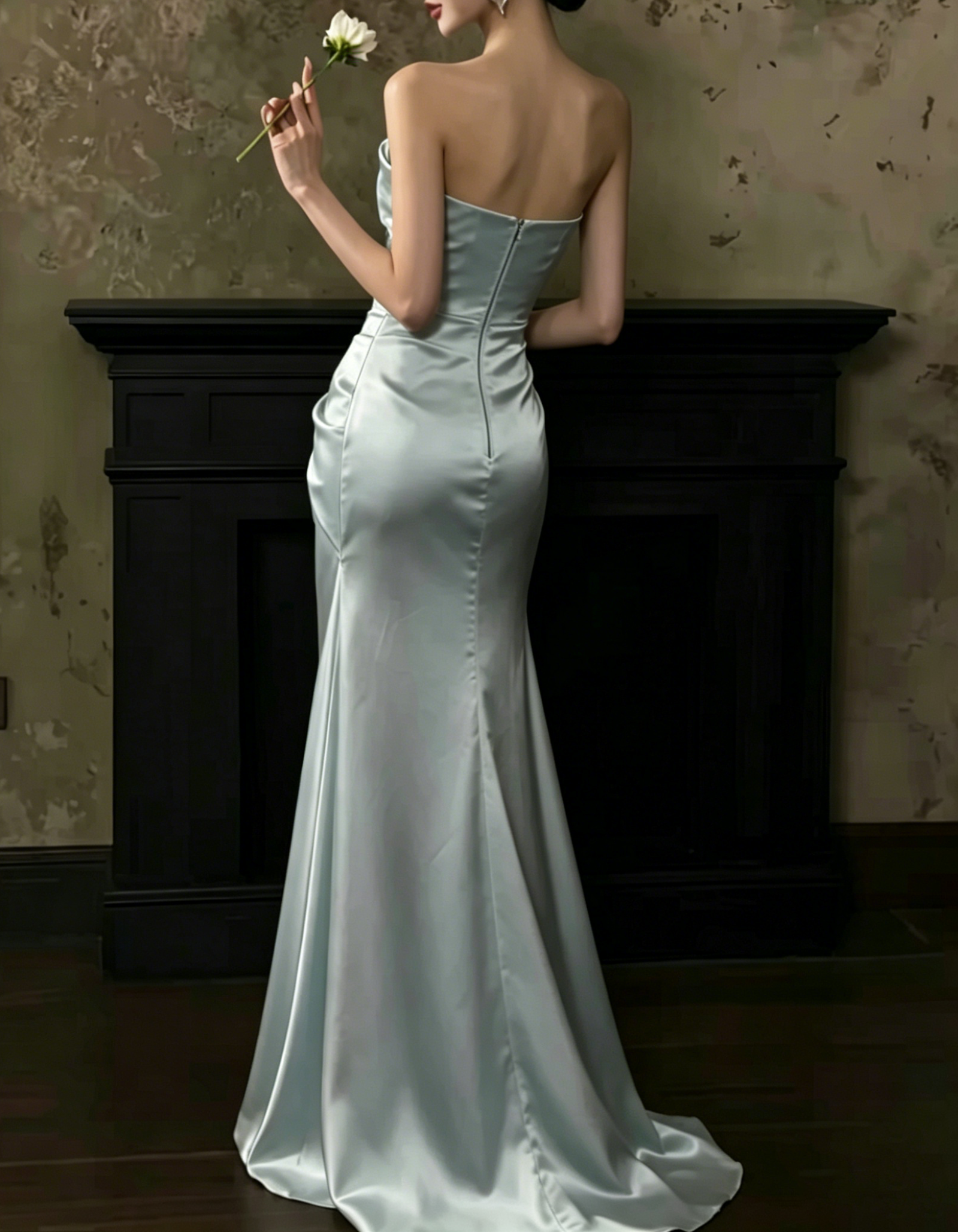 Light Blue Strapless Draped Ruched Satin High Slit Mermaid Maxi Dress